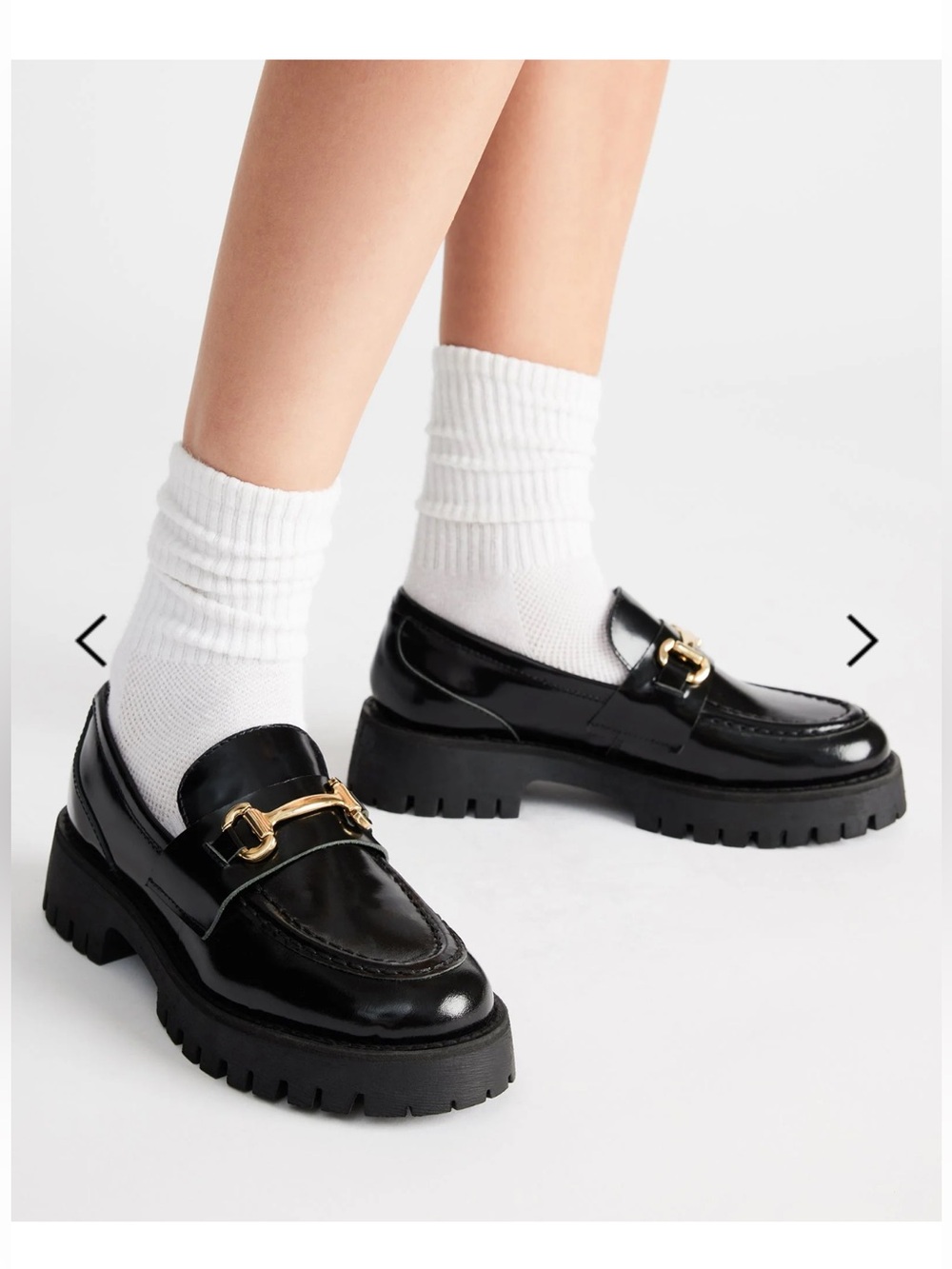 Woman’s Steve Madden Black Chunky Lug Loafers with Gold Bit
